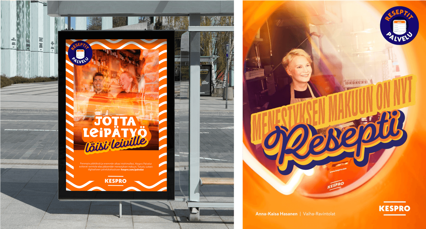 Orange Resepti advertisement displayed on a bus stop digital screen, showing restaurant workers and Finnish text.